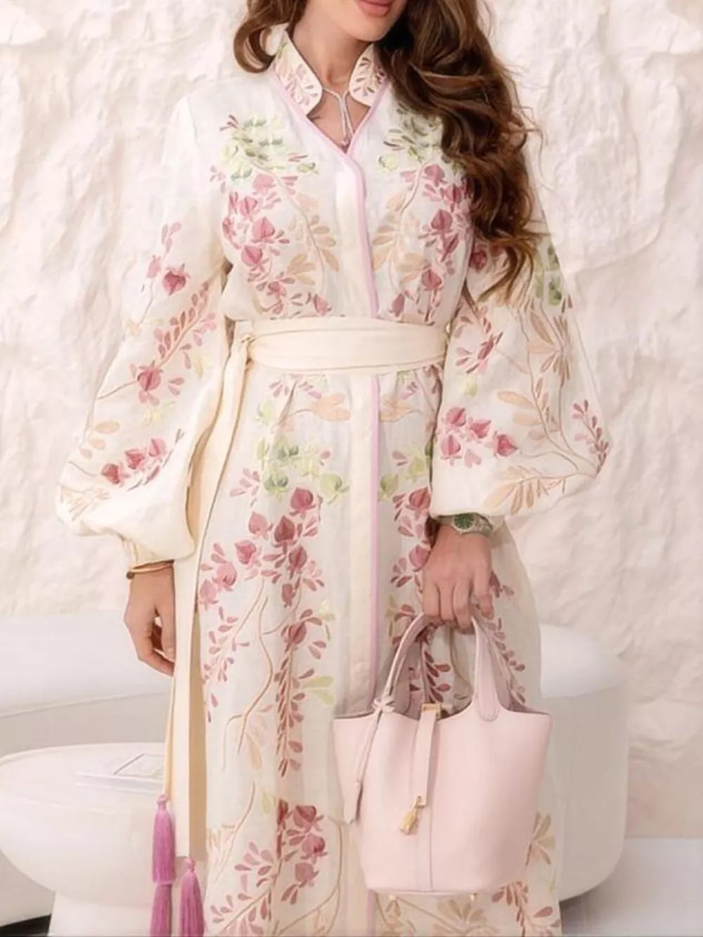 blush pink maxi dress featuring tie waist and floral