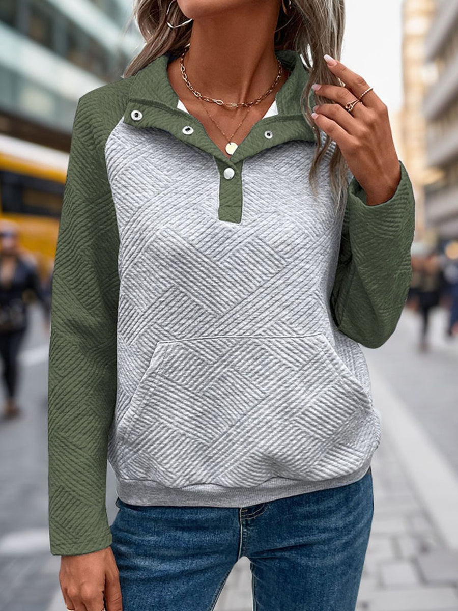 Quilted raglan henley sweatshirt in moss green and gray with button detail and front pocket.