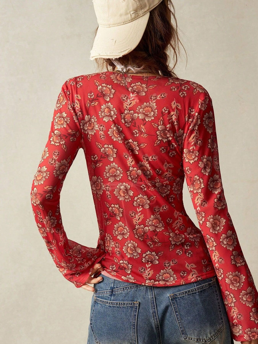 blouse in brown with mesh and hip-length