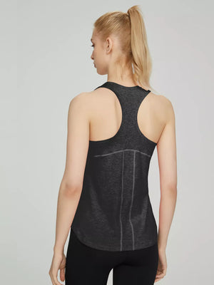 Women's dark grey marled athletic tank top with racerback and seam details.