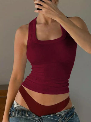 Burgundy ribbed tank top with square neckline and cropped length.