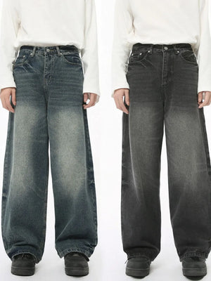 Vintage Vibes wide leg jeans in medium and dark washes, relaxed fit denim pants.
