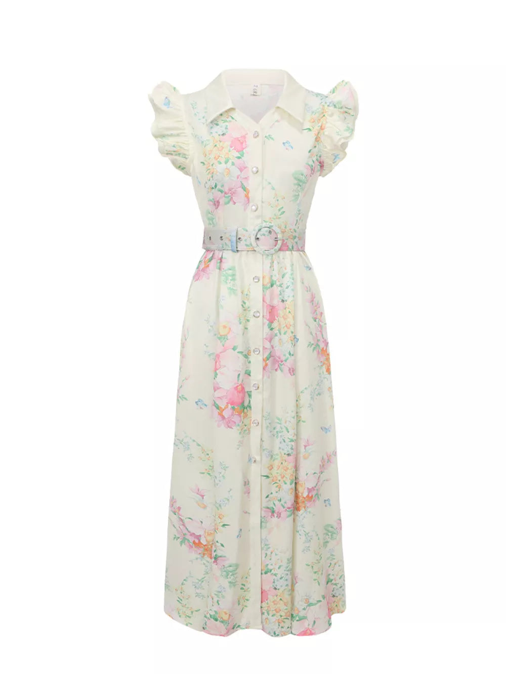 Apricot floral midi dress with ruffle sleeves, collar, buttons, and belt