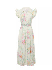 Apricot floral midi dress with ruffle sleeves, collar, buttons, and belt