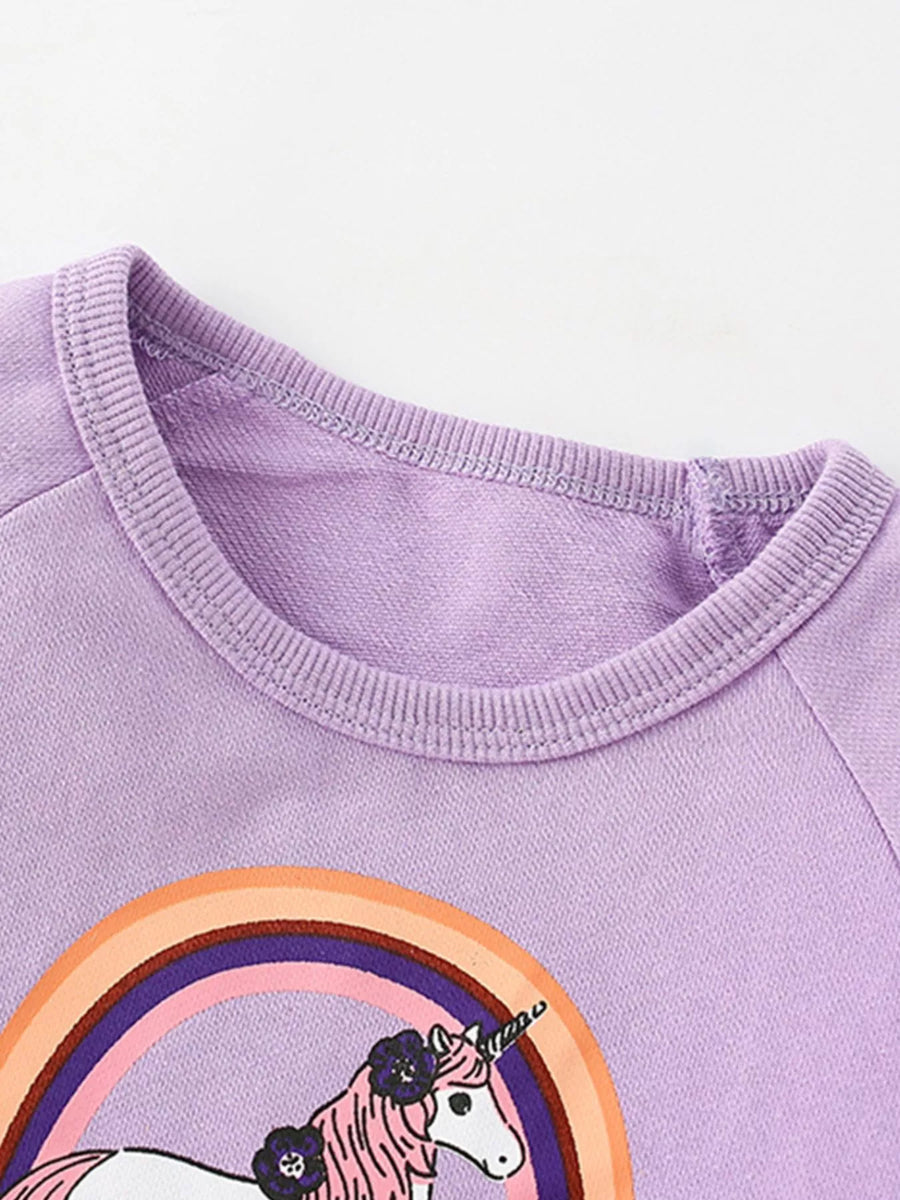 Lavender cotton sweatshirt with unicorn and rainbow graphic.