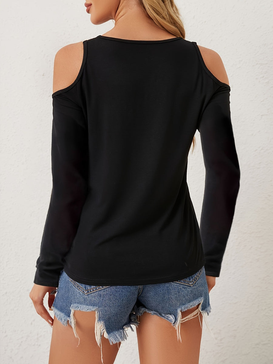 Black cold shoulder knit top with lace inset detail.
