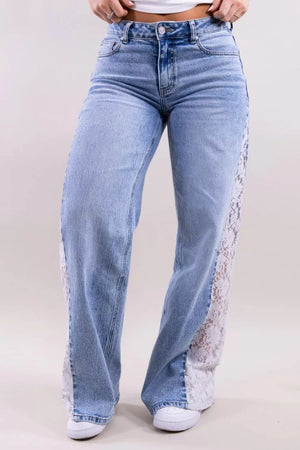 light blue wide-leg jeans with full-length and button-front