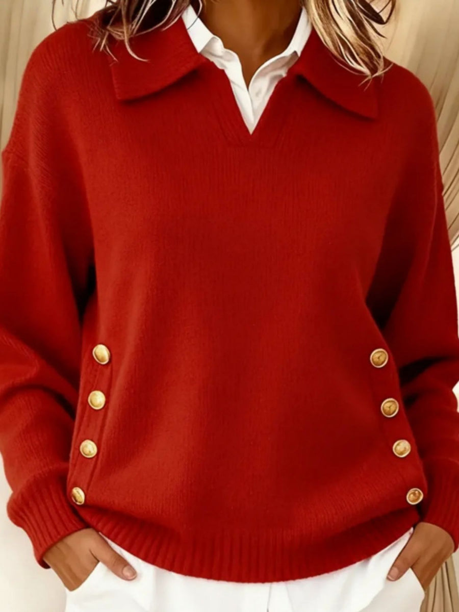 pullover sweater in red featuring buttoned and relaxed fit