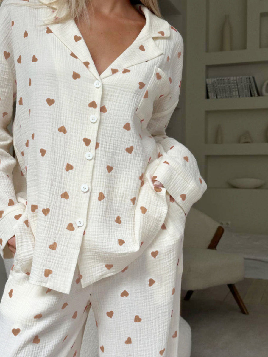 Heart Print Long Sleeve Top And Pants Lounge Set in Khaki