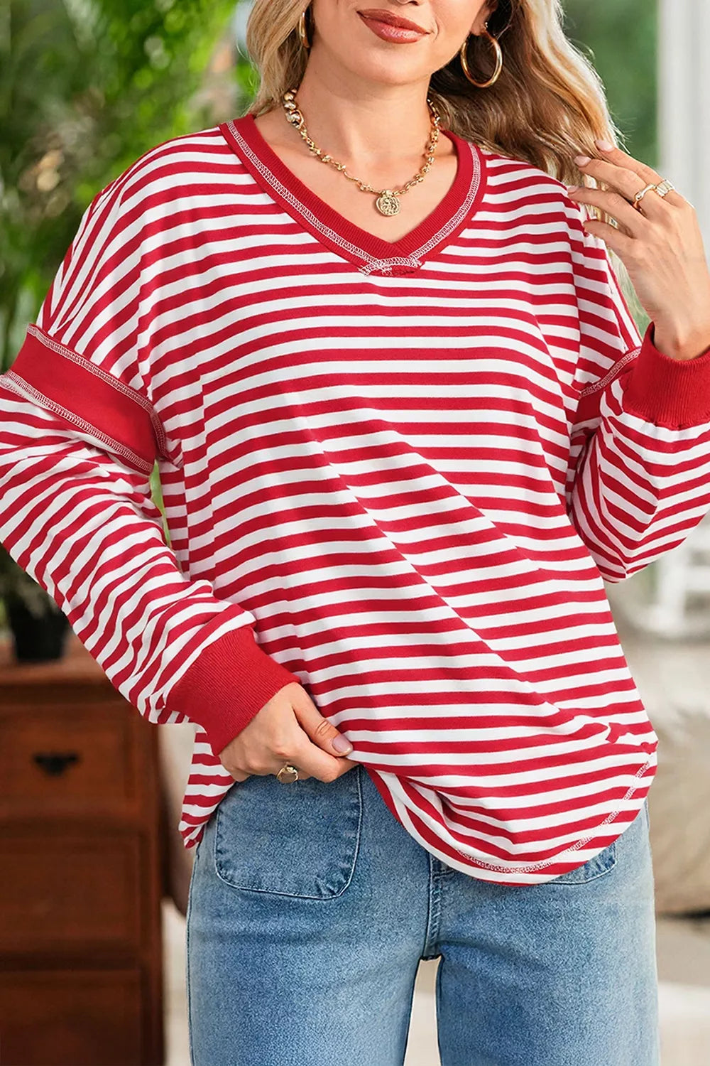 red sweatshirt with striped and v-neck