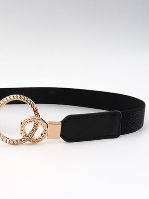 Black elastic belt with interlocked gold rings and buckle detail