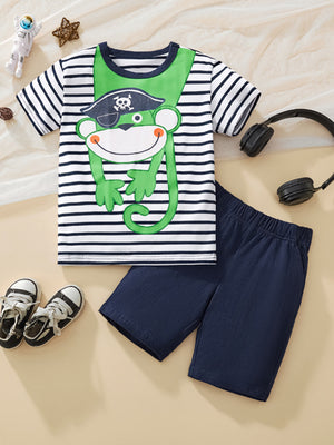 Toddler boys pirate monkey t-shirt and navy shorts set with striped sleeves.