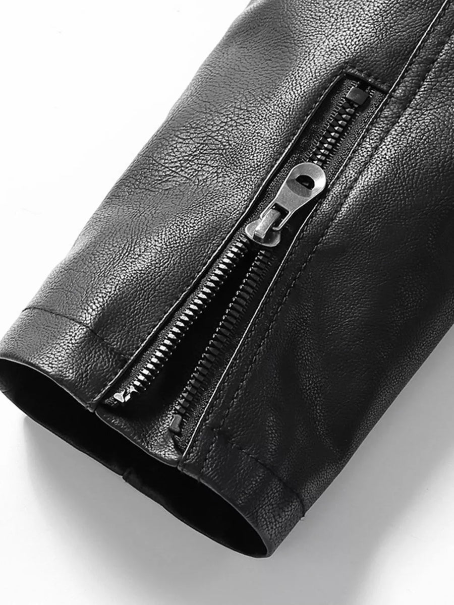 Black faux leather jacket with zip detail on sleeve
