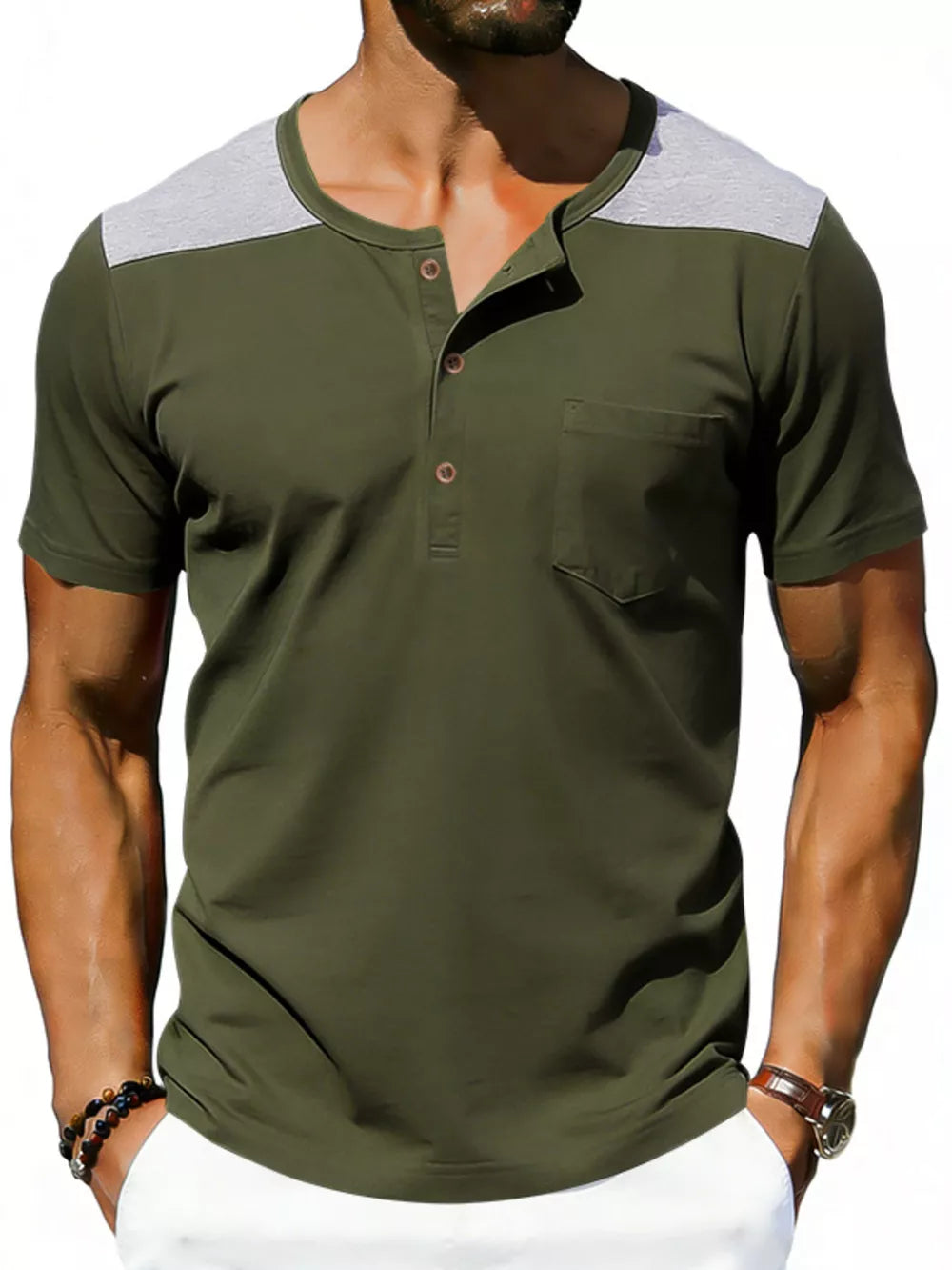 Men's army green henley t-shirt with gray shoulders and chest pocket