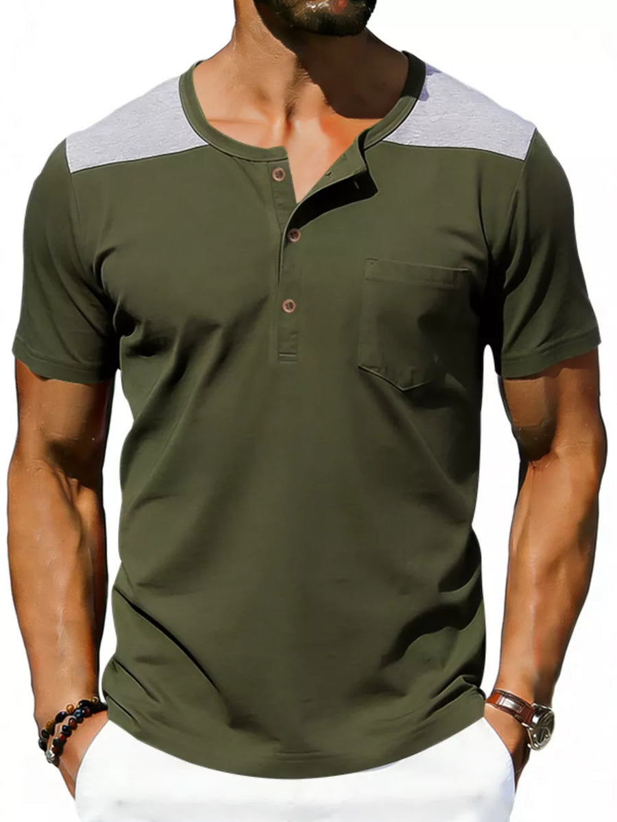 Men's army green henley t-shirt with gray shoulders and chest pocket