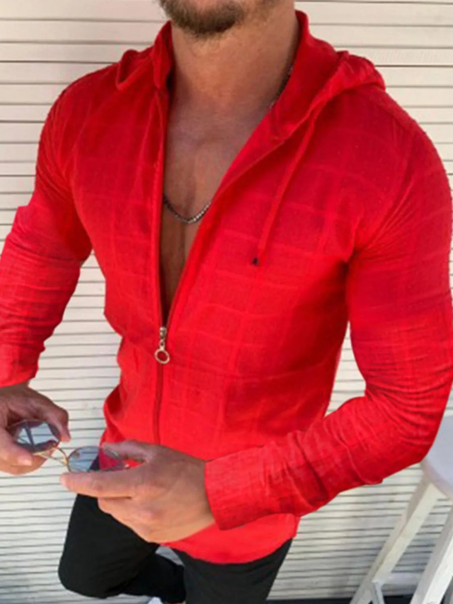 Deep Red textured grid-pattern zip-front hoodie with deep plunge neckline.