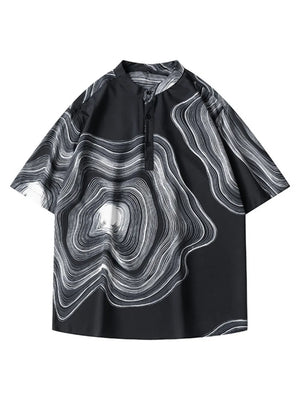 Black and white abstract wave print oversized men's short sleeve band collar shirt
