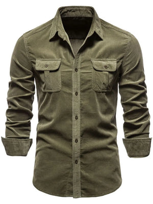 Moss corduroy utility shirt with button-down front and two patch pockets.