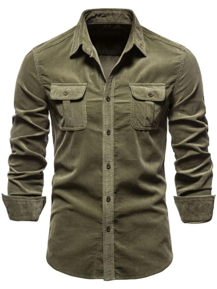 Moss corduroy utility shirt with button-down front and two patch pockets.