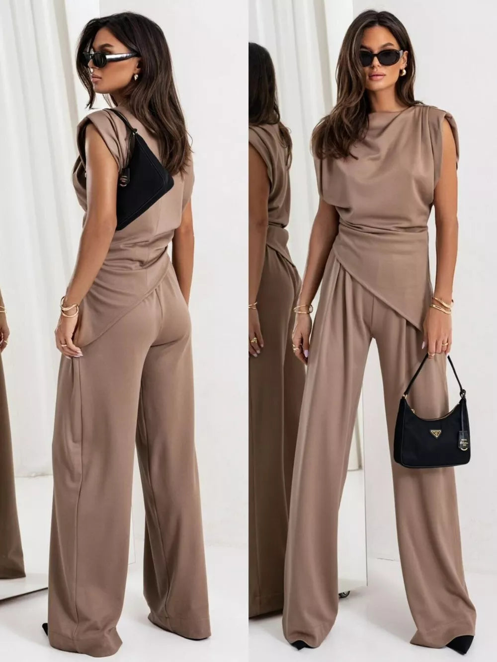Tan satin cowl neck two-piece set with wide leg pants and asymmetrical draped top.