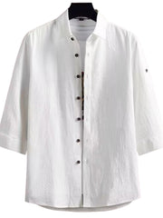 Men's white cotton blend casual button-down shirt with 3/4 sleeves