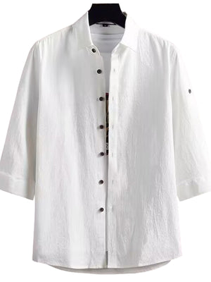 Men's white cotton blend casual button-down shirt with 3/4 sleeves