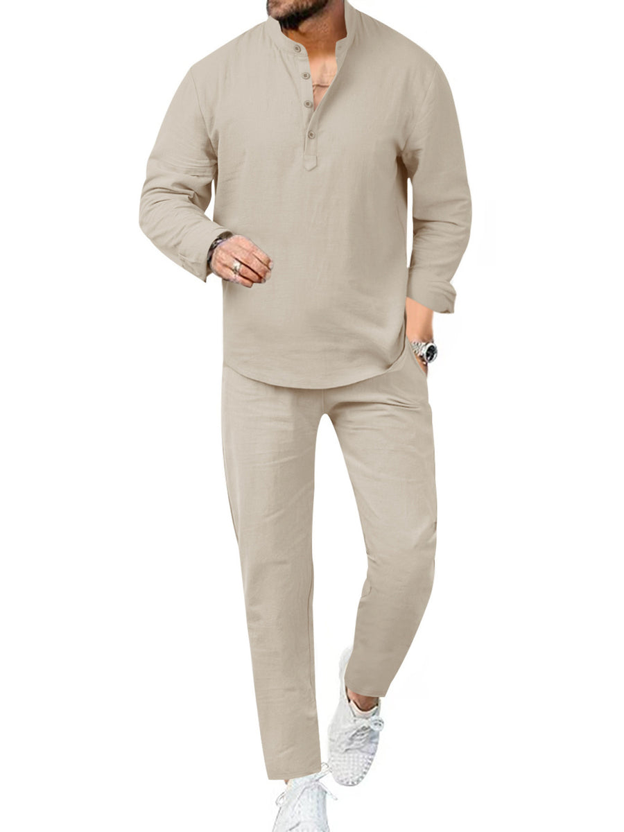 Men's beige linen henley shirt and pants set, long sleeve, band collar, button placket.