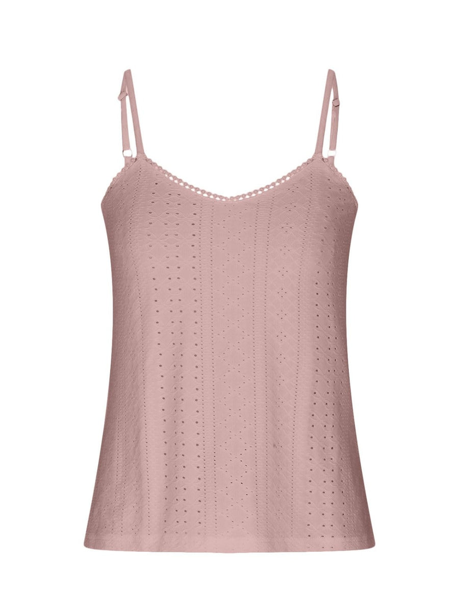 Dusty pink eyelet lace inset cami top with V-neck and adjustable straps.