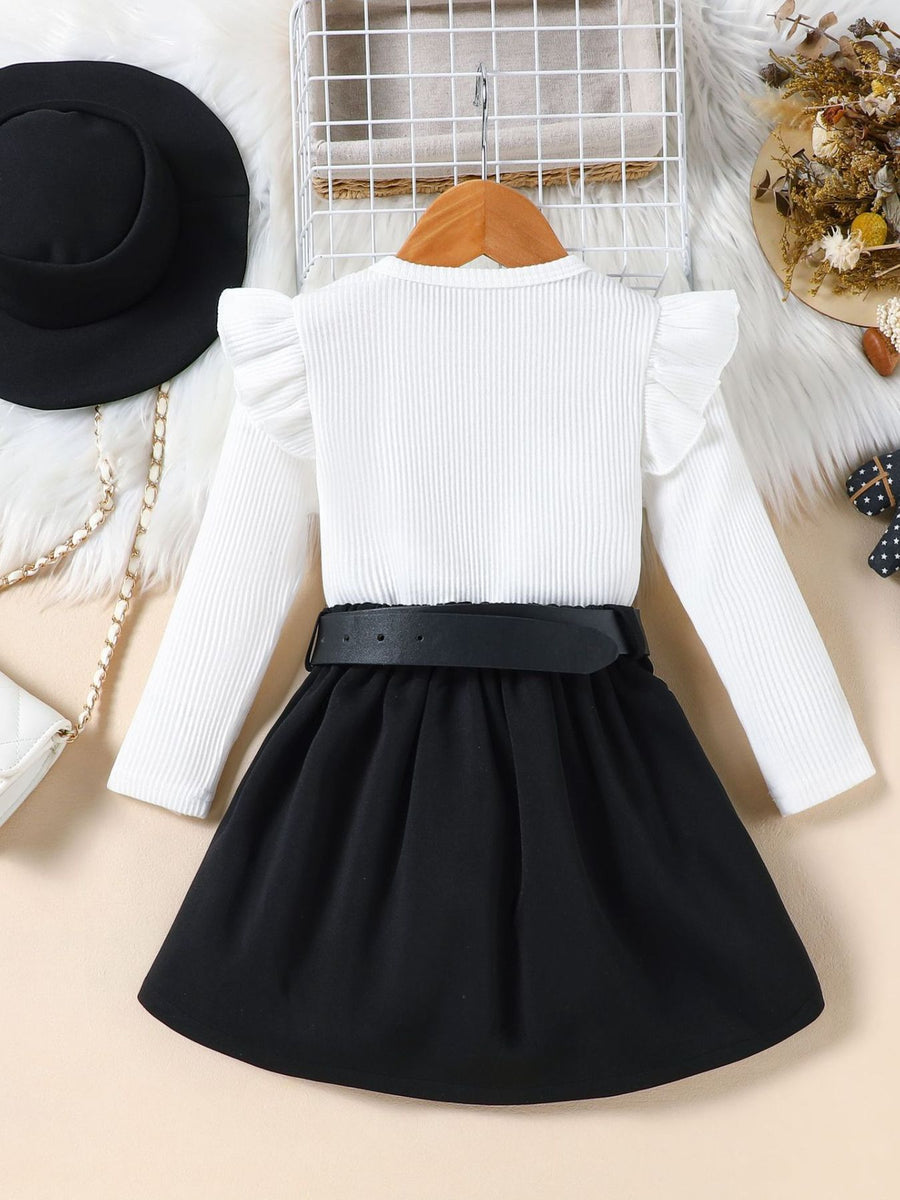 White ruffle sleeve ribbed top and black pleated skirt set with black belt