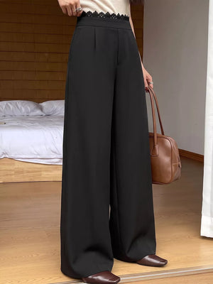 wide-leg pants in Black with lace detail and full-length