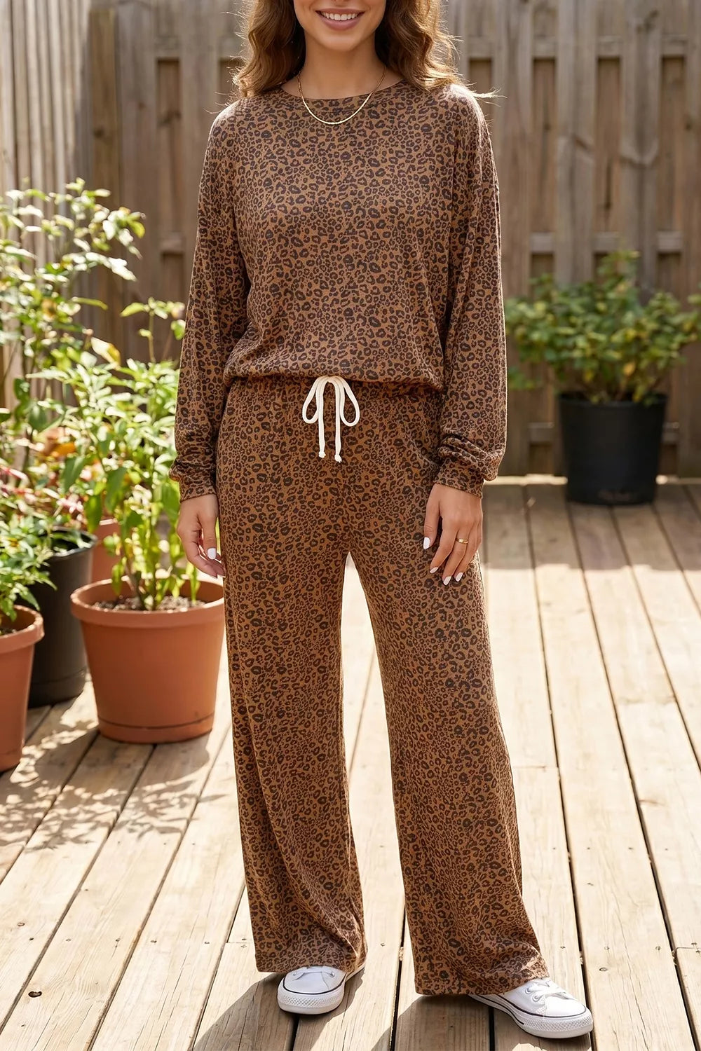 camel pajama set with leopard-print and crew neck