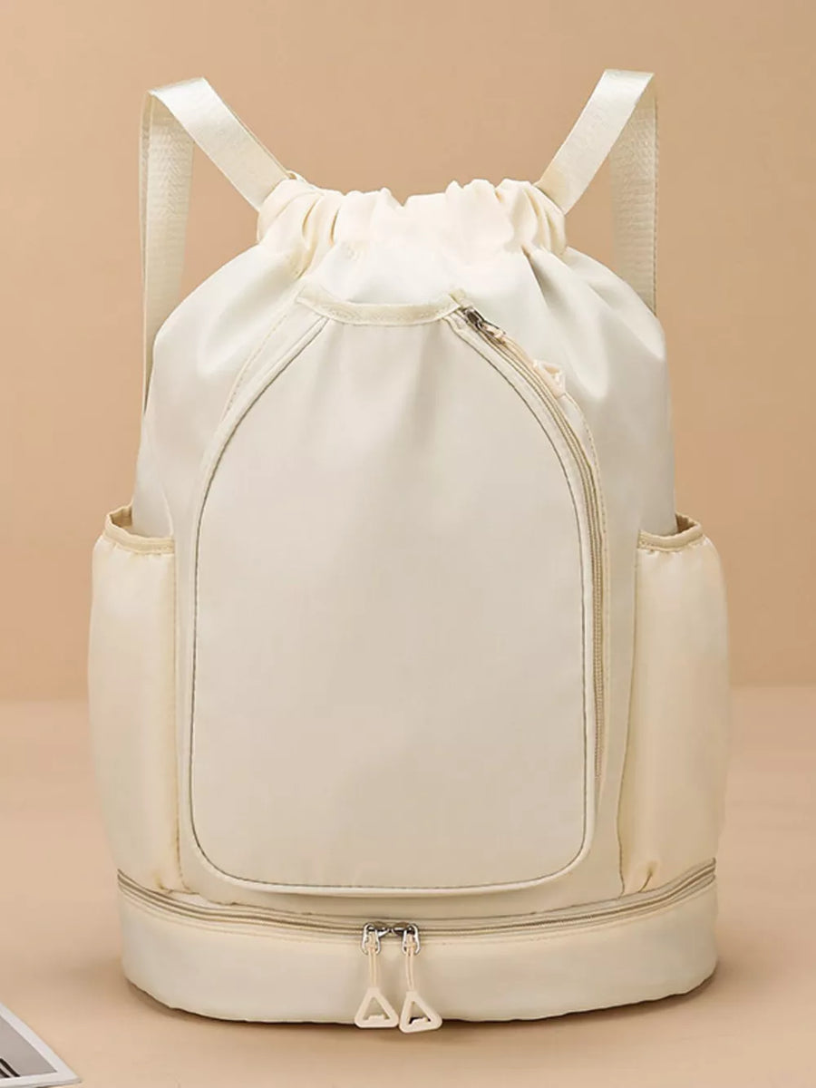 Off-white drawstring duffel bag with zippered front pocket and side pockets.