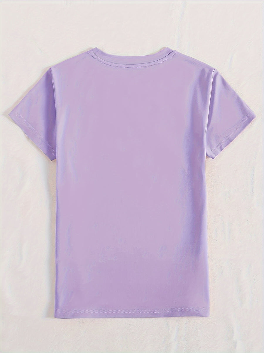 Lavender t-shirt with short sleeves and crew neck, plain back.