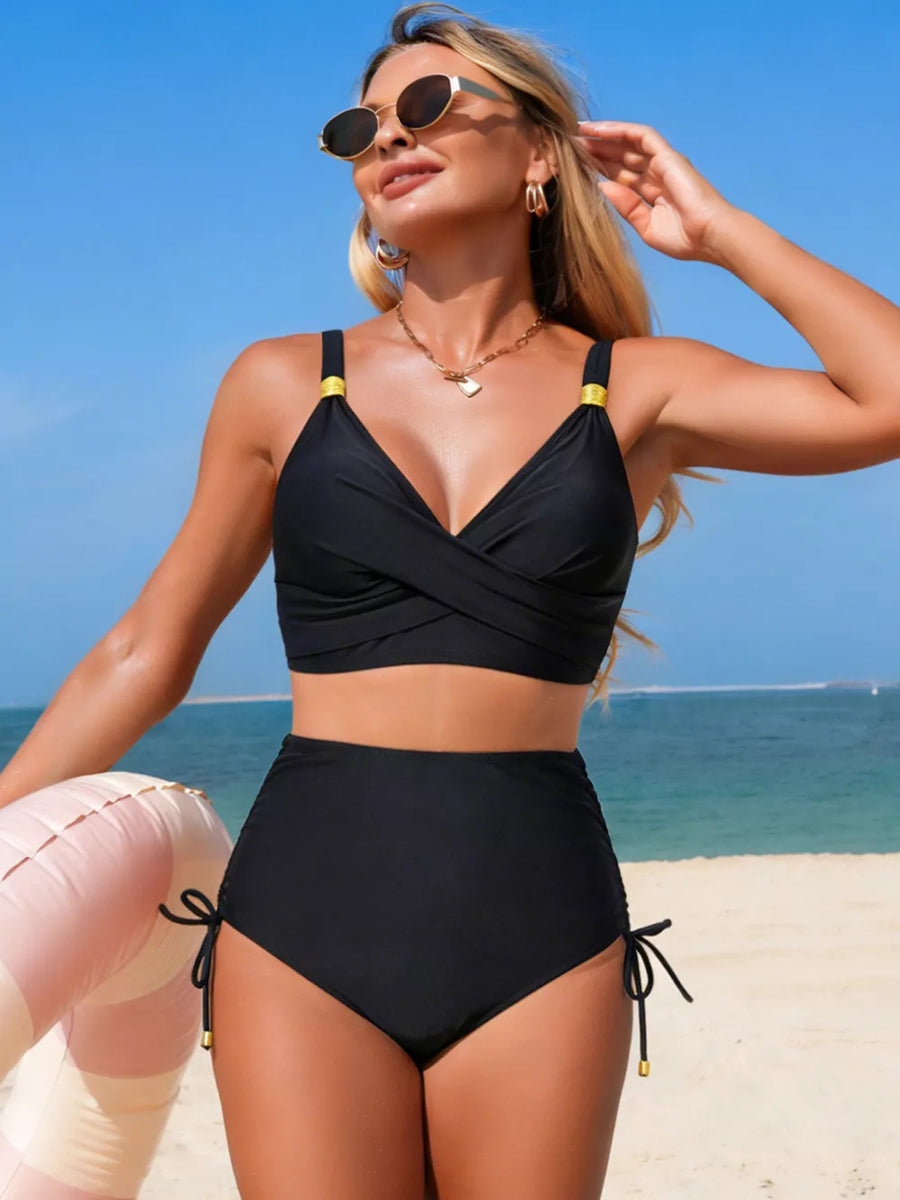 Black high-waisted bikini with crisscross top and drawstring sides