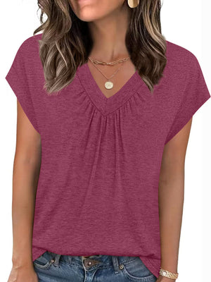 Burgundy ruched v-neck t-shirt with short sleeves and a relaxed fit.