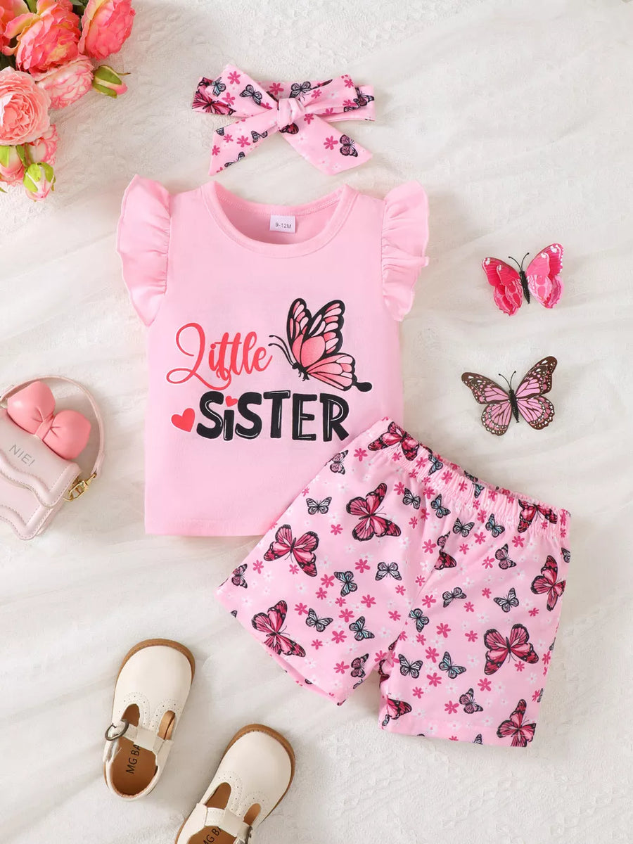 Pink ruffled sleeve baby t-shirt with "Little SISTER" butterfly graphic and matching butterfly print shorts.