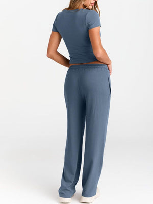 Blue round neck tee and relaxed drawstring pants set