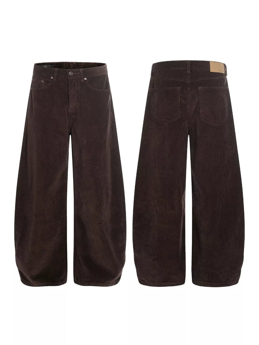 Brown corduroy wide-leg joggers with button fly and adjustable waist.