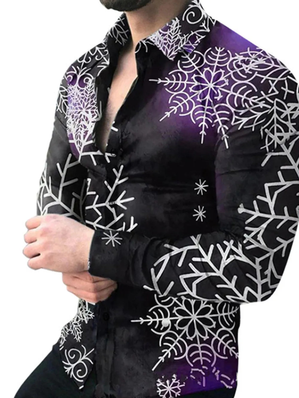 Cosmic print stretch button-down shirt in black with purple gradient and white snowflake pattern.