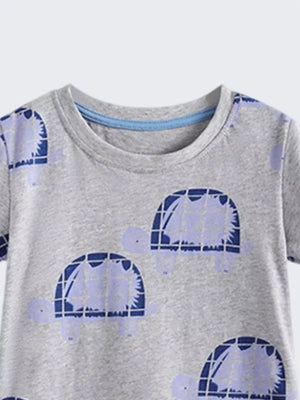 Boys' grey cotton t-shirt with a blue and purple turtle print.