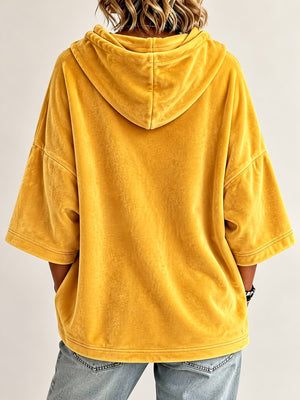 Velvet Half Sleeve Hoodie Plus Size in Gold with drawstring