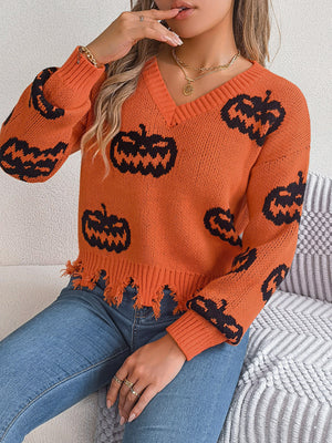 pullover sweater in Gray with pumpkin and raw hem