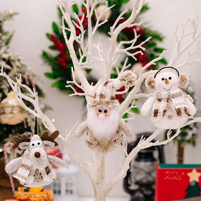 Festive Trio Knitted Ornament Set: reindeer, Santa, and snowman with cozy scarves and hats.