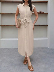 Beige midi dress with tie-waist, collared, button-down, and cap sleeves.
