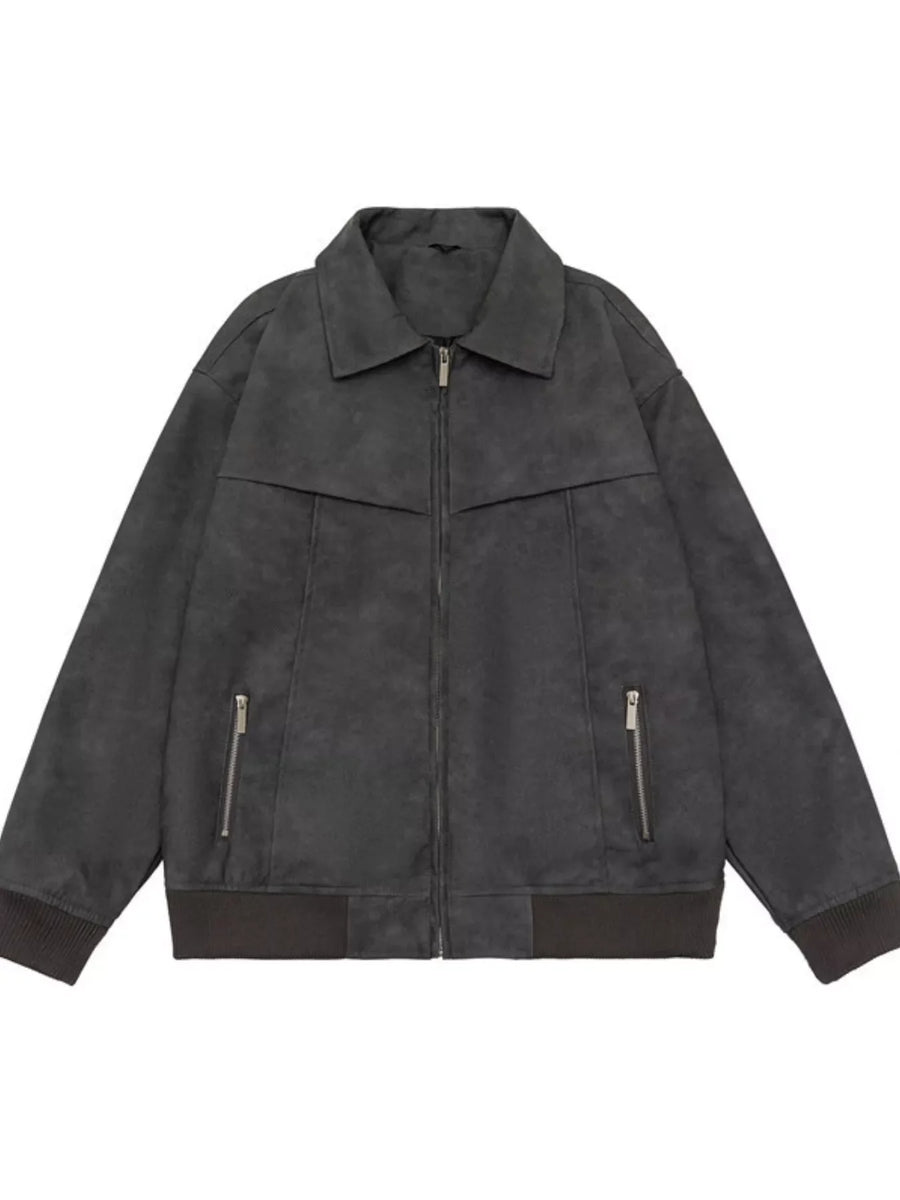 Gray drop shoulder bomber jacket with zip pockets and ribbed cuffs.