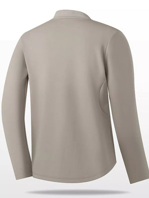 Plus-size khaki quarter-zip sweatshirt with long sleeves and a curved hem.