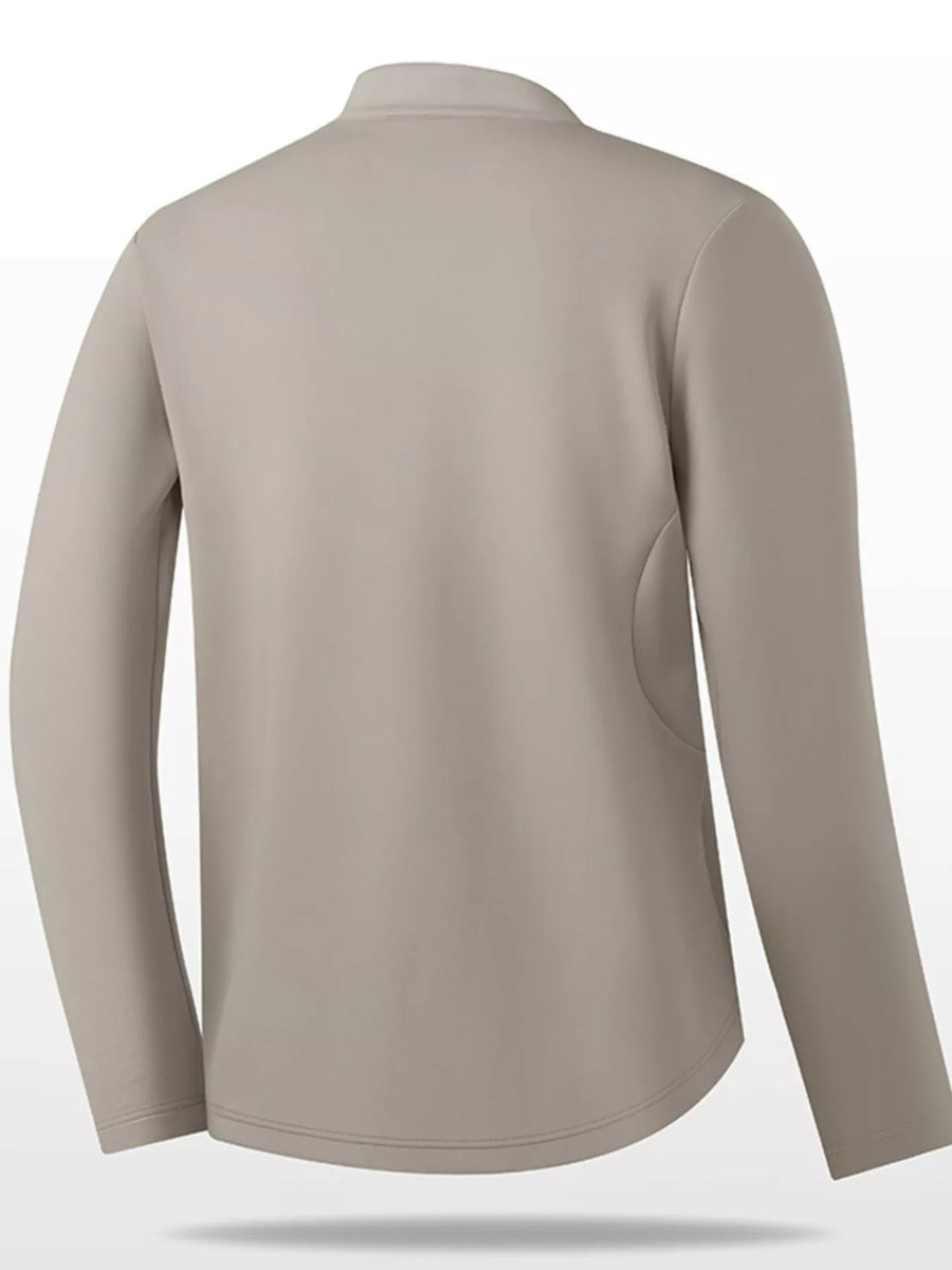 Plus-size khaki quarter-zip sweatshirt with long sleeves and a curved hem.