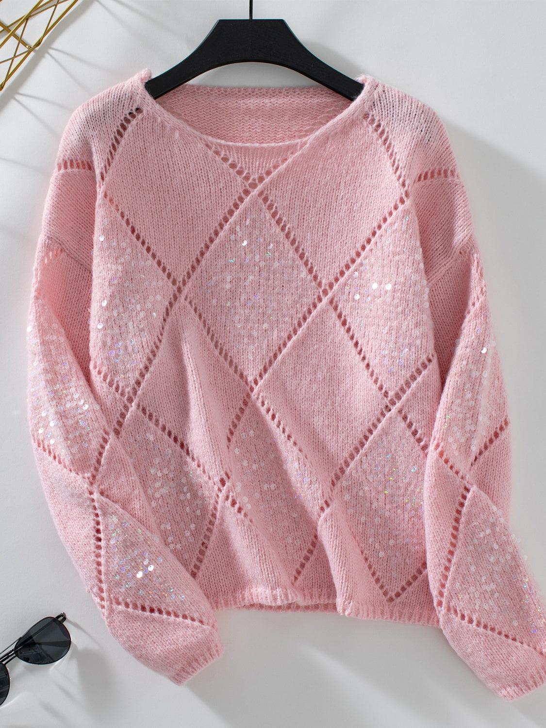 Dusty Pink diamond knit sweater with allover sequins and openwork detail.