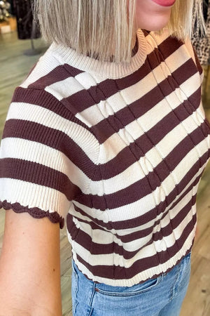 Brown with Striped Ribbed Cable Knit Short Sleeve Sweater in Brown