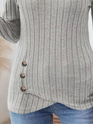 Gray ribbed knit top with button detail on the side